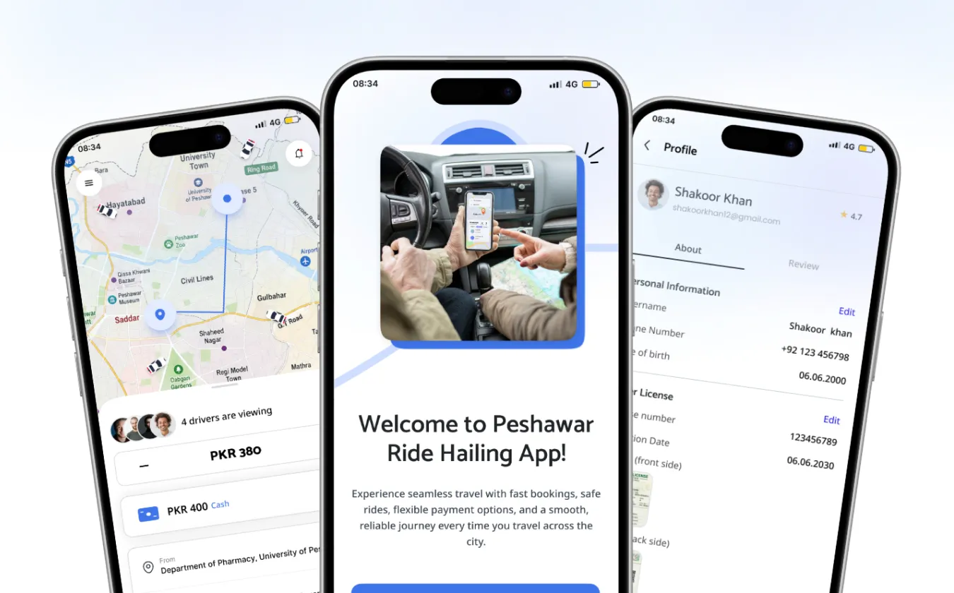 Safar on a phone: booking a ride on the map, the welcome screen, and a driver profile