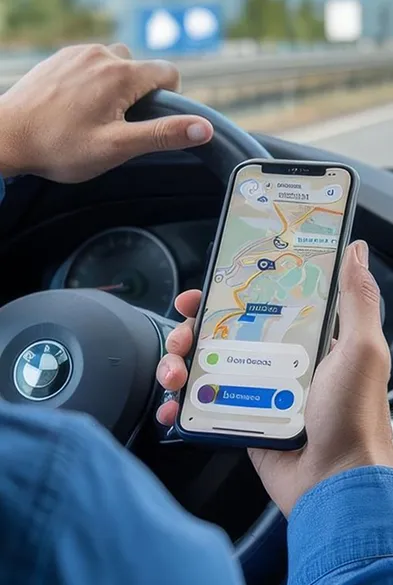 A driver checking a ride request on a phone mounted in the car